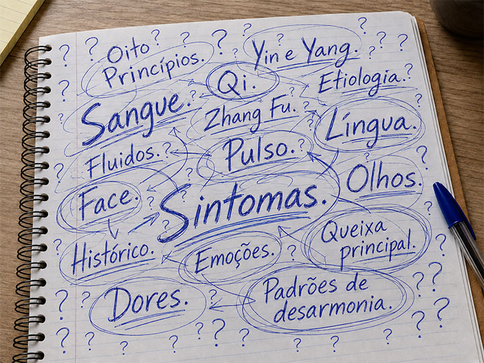 Mapa mental caótico com conceitos da medicina tradicional chinesa espalhados sem ordem